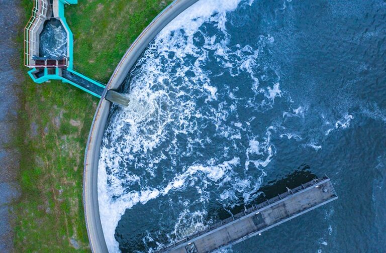 Aerial view water treatment tank with waste water.